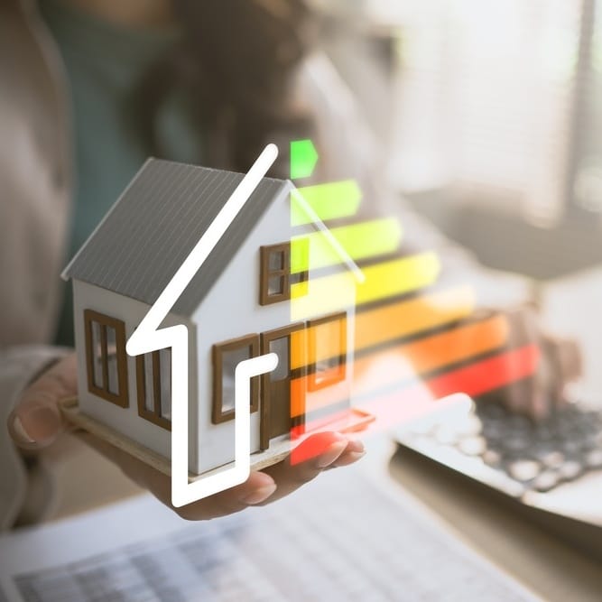 Efficacité Énergétique : Diagnostic et Performance Maison Main tenant une maquette de maison avec un graphique de performance énergétique allant du vert au rouge.