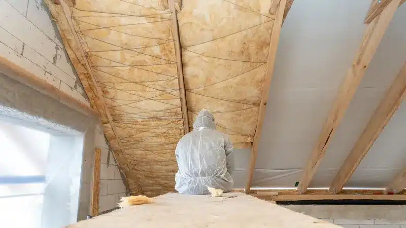 Isolation de Toiture : Pose de Laine Minérale aux Combles Professionnel en tenue de protection isolant les rampants d'une toiture avec de la laine minérale.